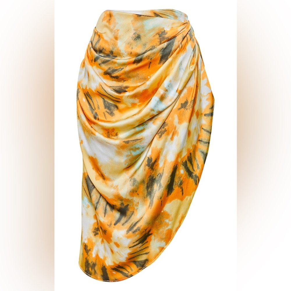 Pretty little thing / ORANGE TIE DYE RUCHED SIDE MIDI SKIRT, Size 8